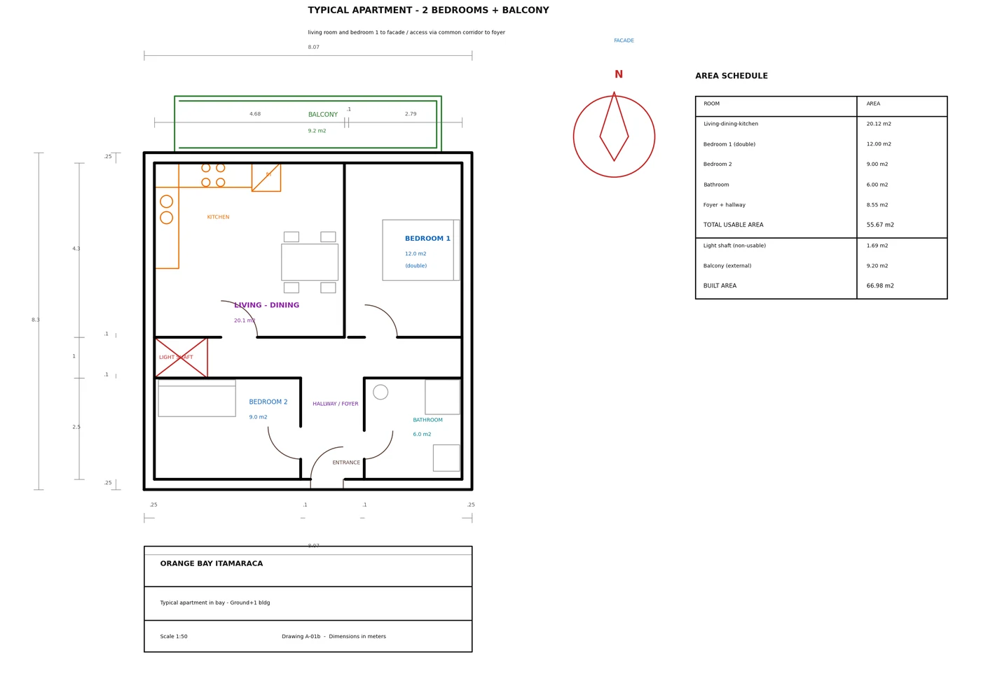 Floor plan of the Orange Bay Itamaracá two-bedroom apartment (66.98 m² + 9.20 m² terrace)