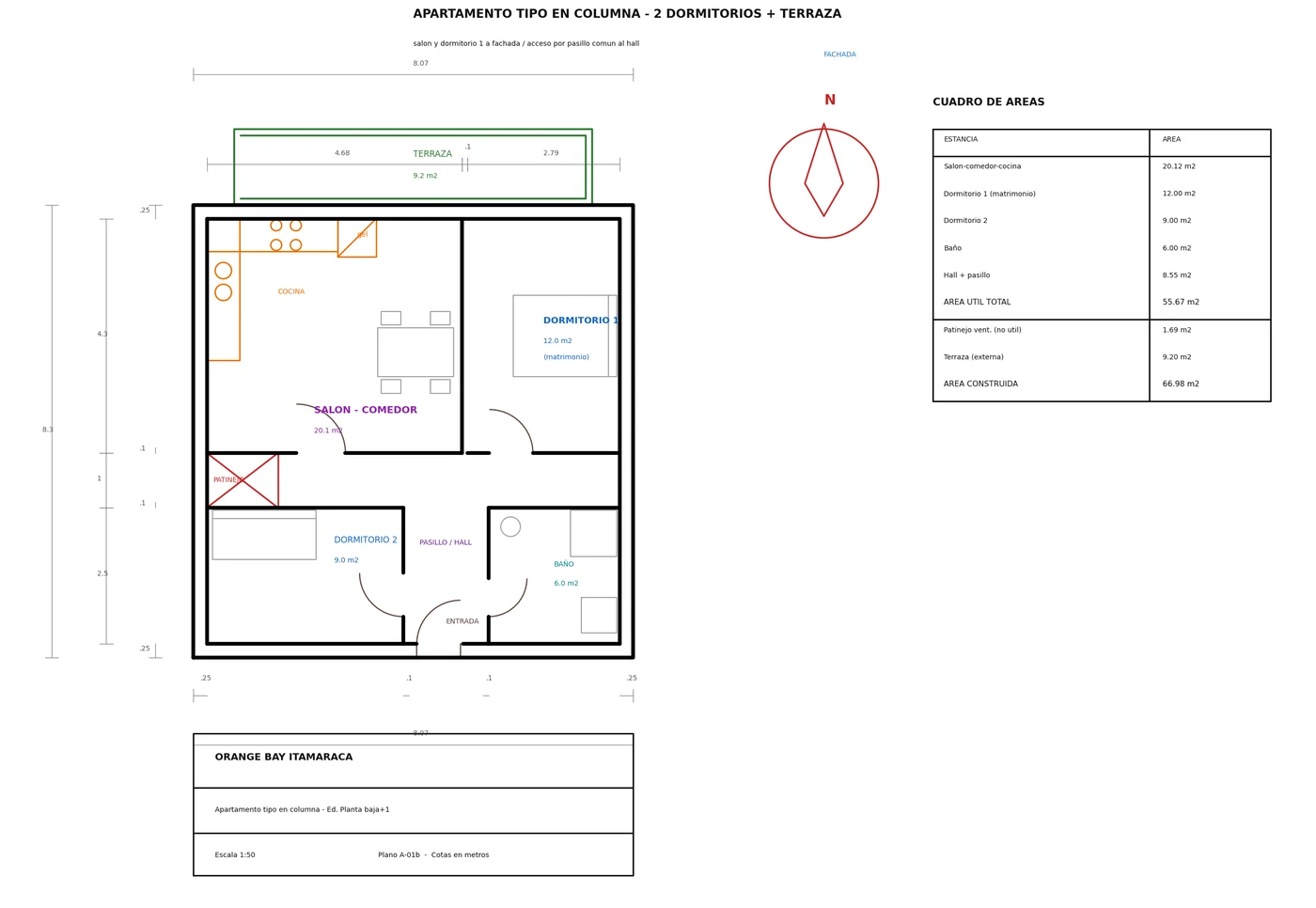 Plano del apartamento tipo de 2 dormitorios de Orange Bay Itamaracá (66,98 m² + terraza de 9,20 m²)