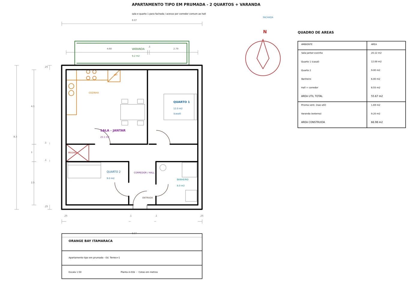 Planta do apartamento tipo de 2 quartos do Orange Bay Itamaracá (66,98 m² + terraço de 9,20 m²)